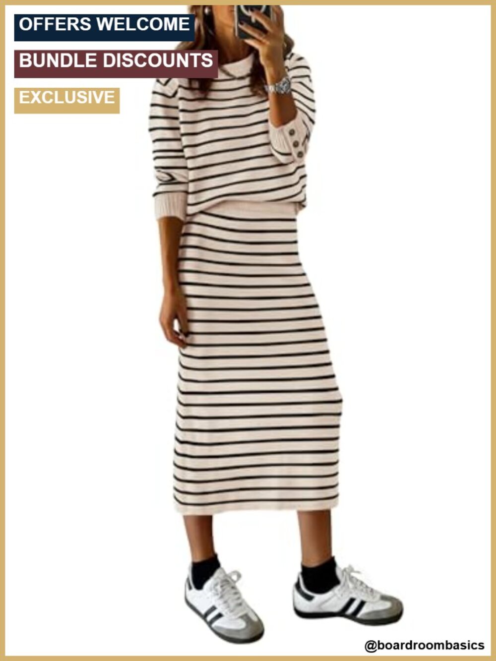 Women's Striped Knit Sweater and Pencil Skirt 2 Piece Set